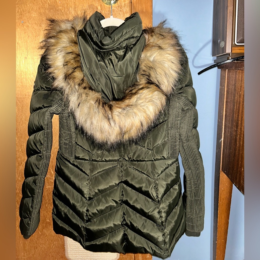 MICHAEL Michael Kors Dark Green Puffer Coat with Fur Trim